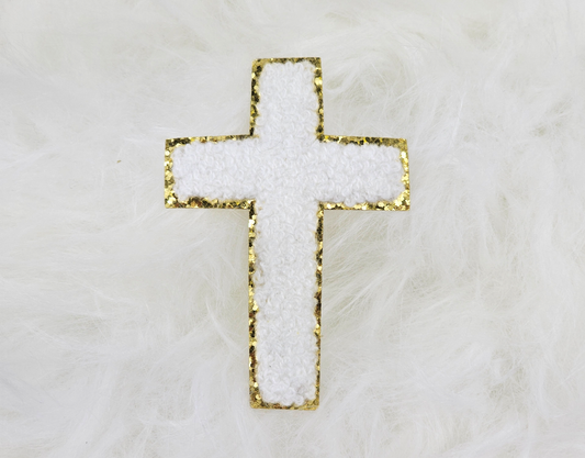 Cross Gold Glitter Iron On Patches: White