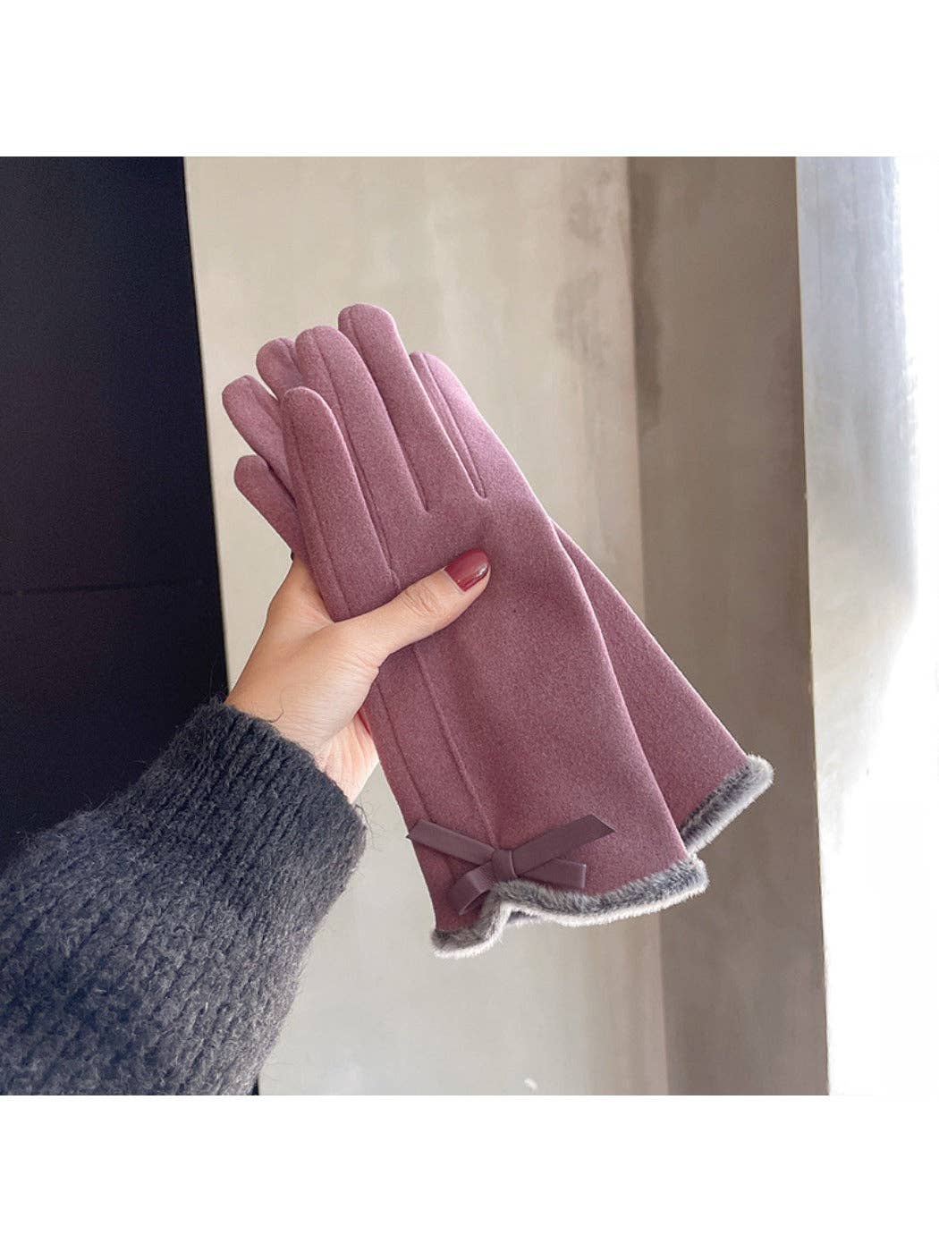 Touchscreen Gloves with bow: Khaki/Grey