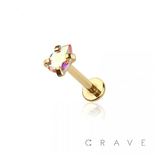 PEAR CZ THREADED LABRET: GOLD-16G