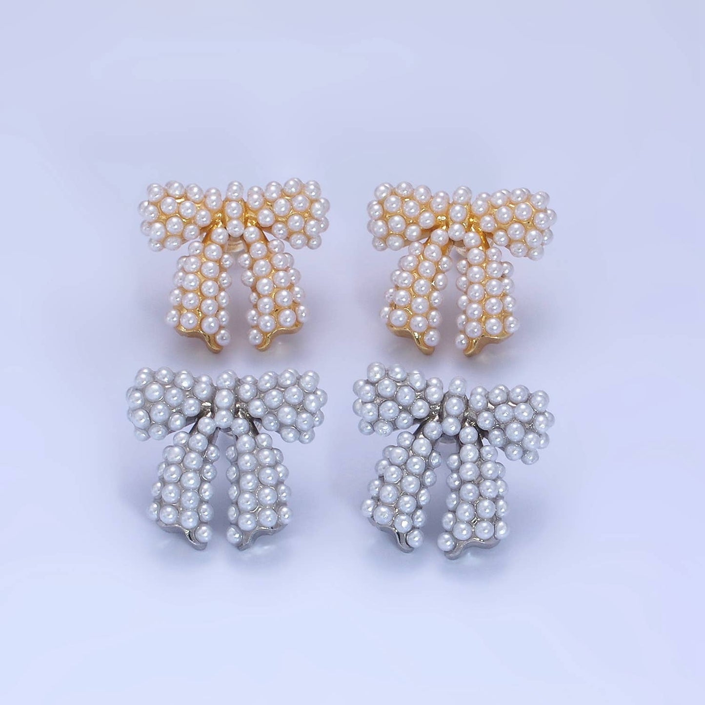 Pearl Ribbon Bow Stud Earrings: Gold