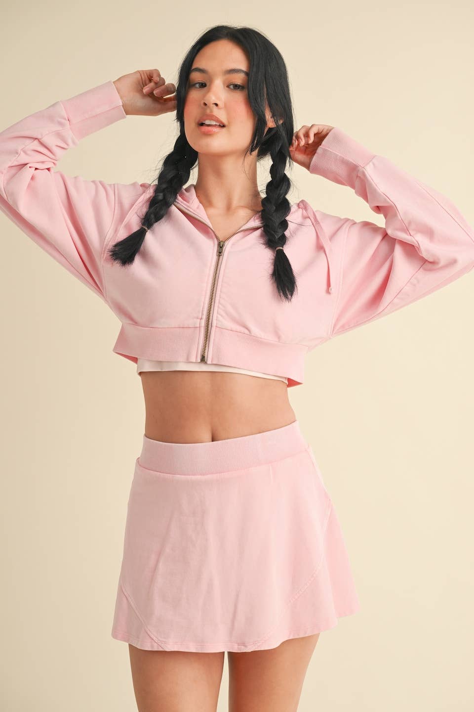 Mineral Wash Cropped Hoodie: Baby Pink