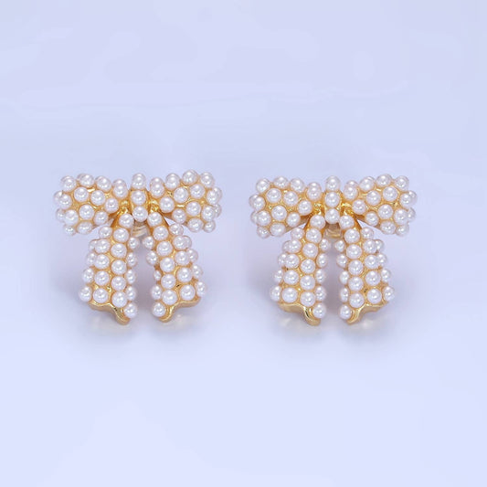 Pearl Ribbon Bow Stud Earrings: Gold