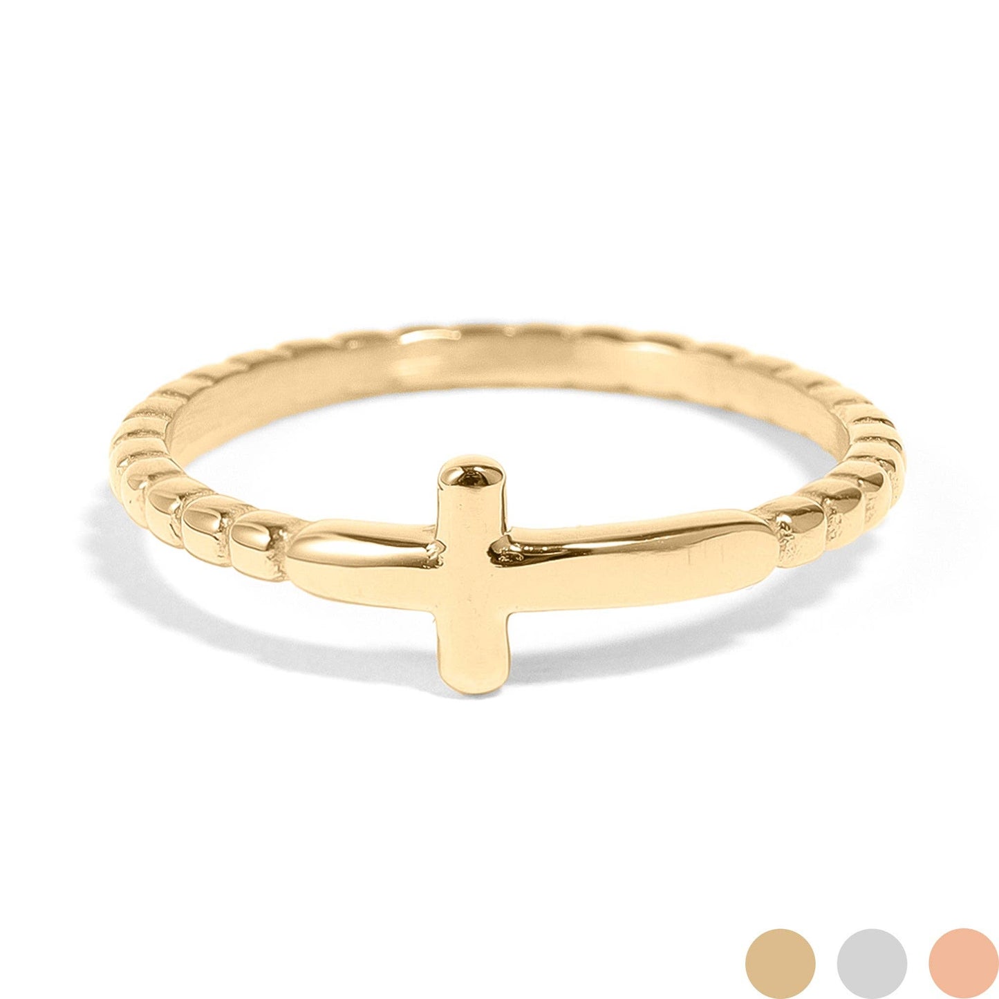 Gold Beaded Stackable Cross Ring