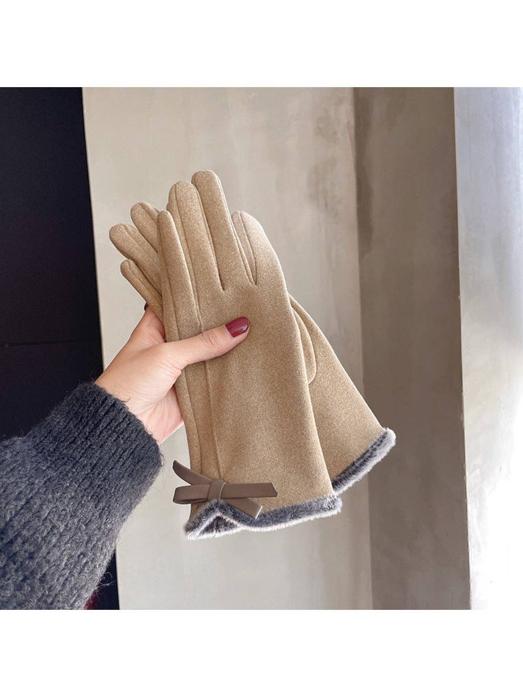 Touchscreen Gloves with bow: Khaki/Grey