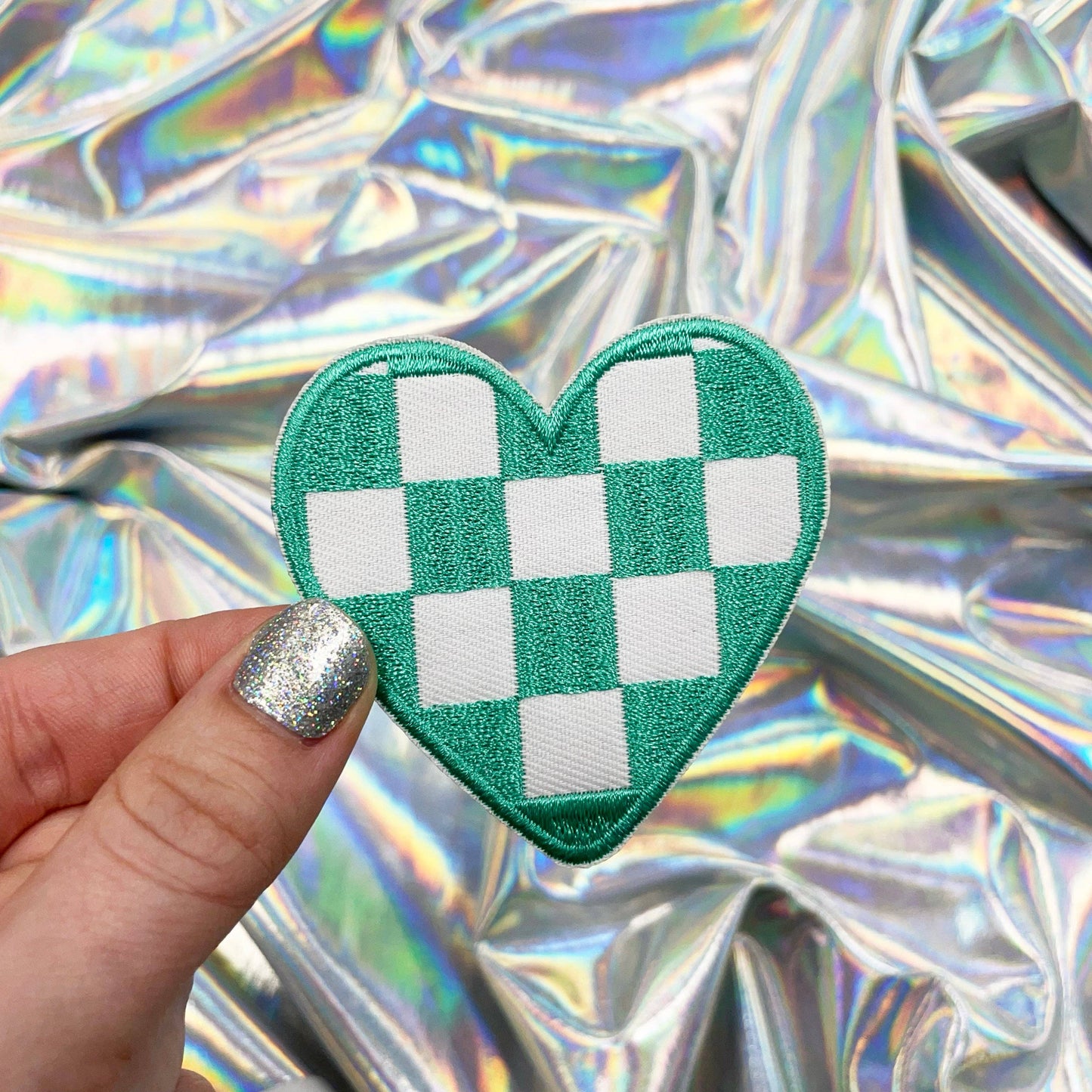 Mint Checkered Heart Patch