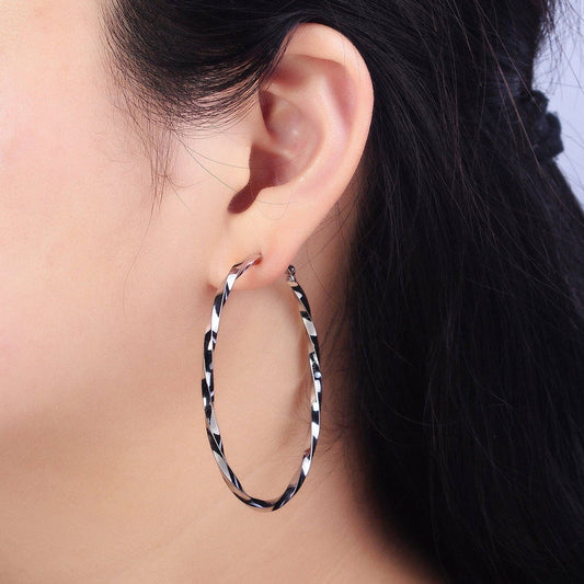 Gold Filled Twist Geometric Hoops- Silver 60mm