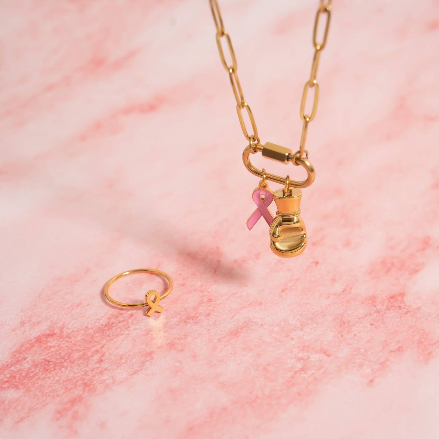 Breast Cancer Pink Ribbon Charm: Gold