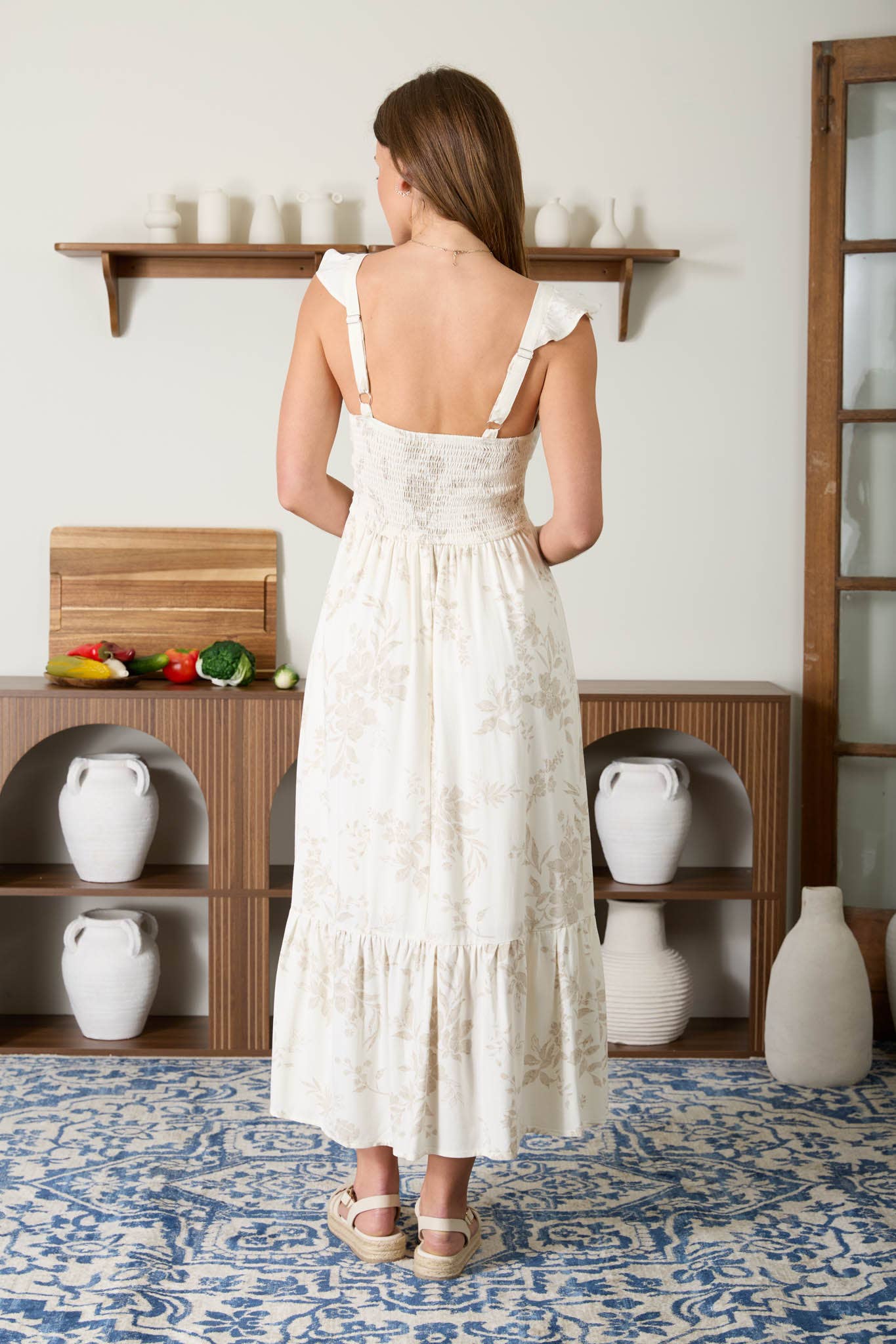 CREAM FLORAL CORSET MIDI DRESS