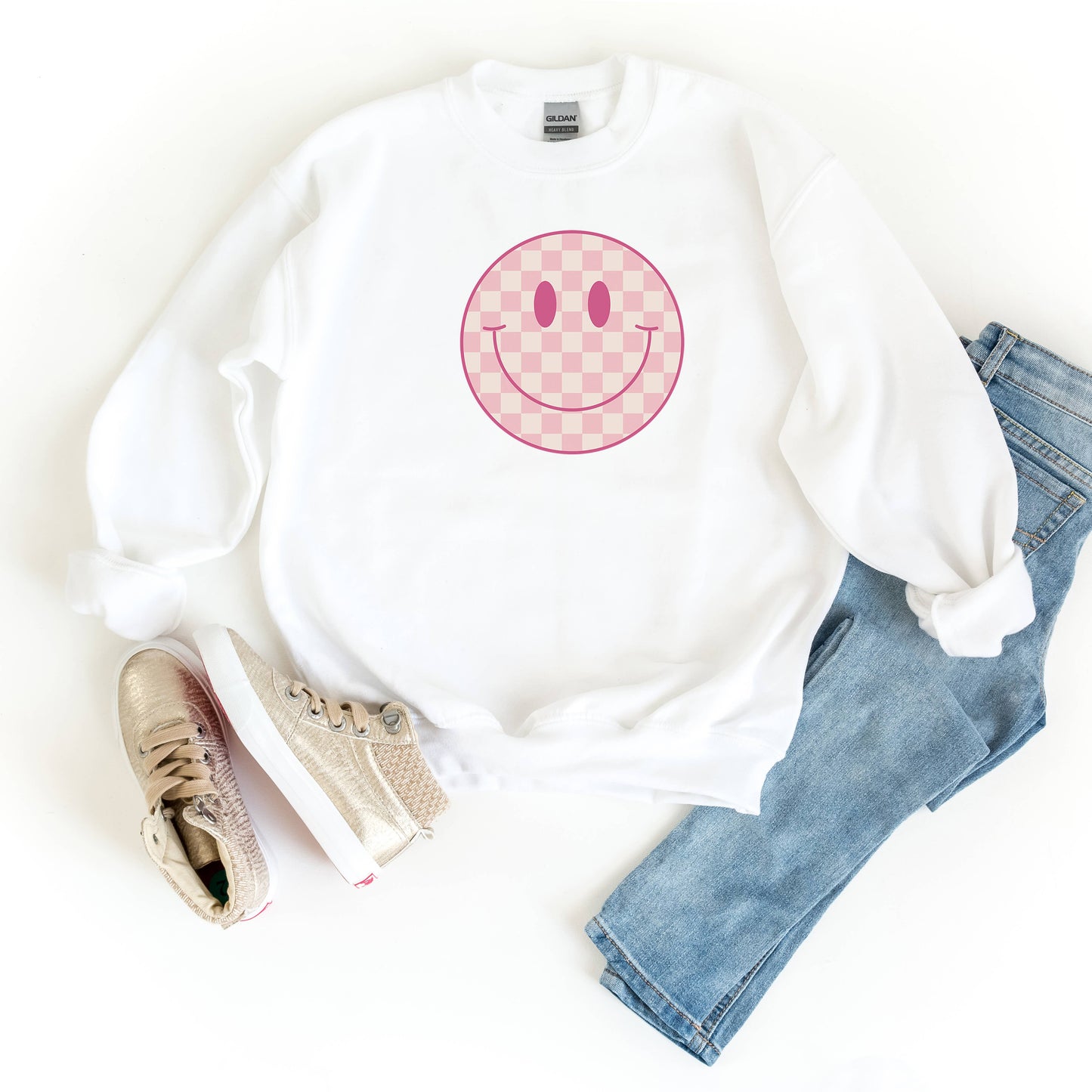 Pink Checker Smiley Face Youth Sweatshirt