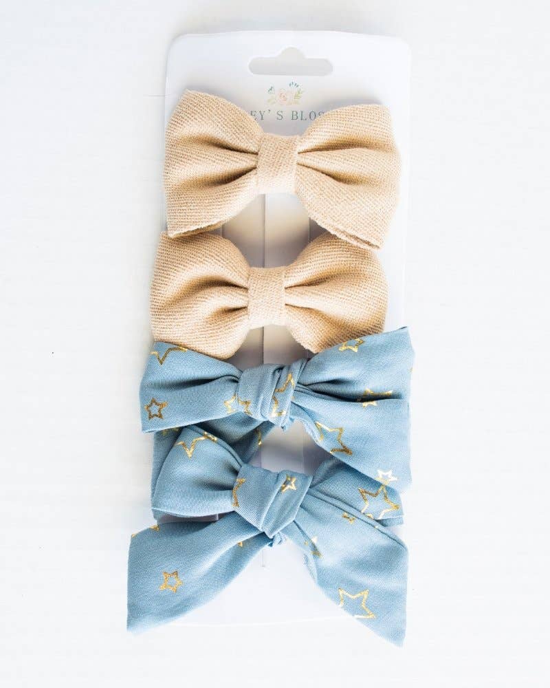 Junee Bea Bows Clip Pack- a mustard & Blue With Stars