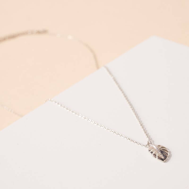 Palm Leaf Charm Necklace in White Gold