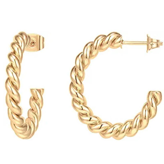 18K Gold Plated Silver Twisted Rope Round Hoop Earrings